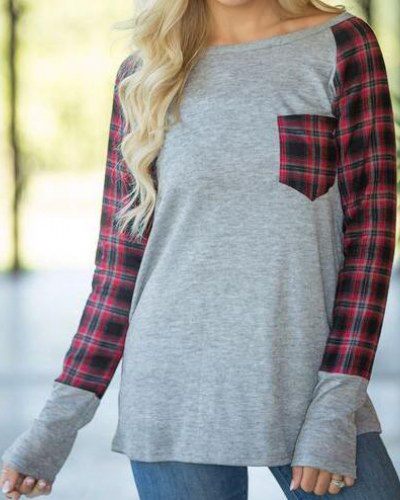 Grey Top with Plaid sleeves and pocket